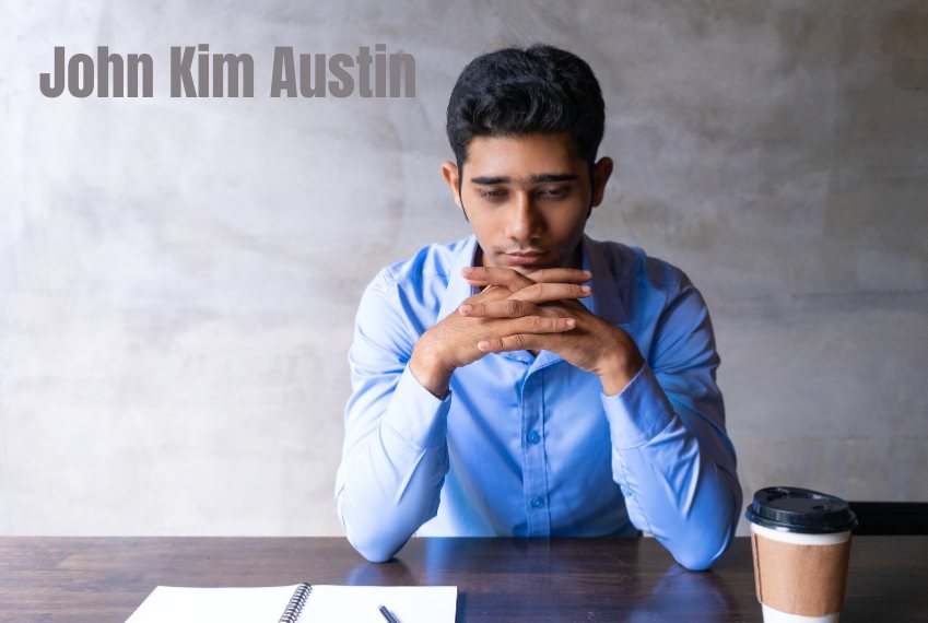 AI-generated illustration of a man in a blue shirt with hands clasped at a table beside a coffee cup, captioned John Kim Austin