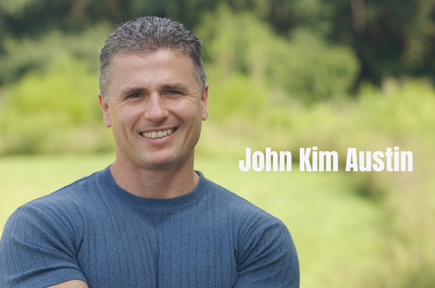 AI-generated illustration of a smiling gray-haired man in a blue T-shirt in front of a green field, captioned John Kim Austin