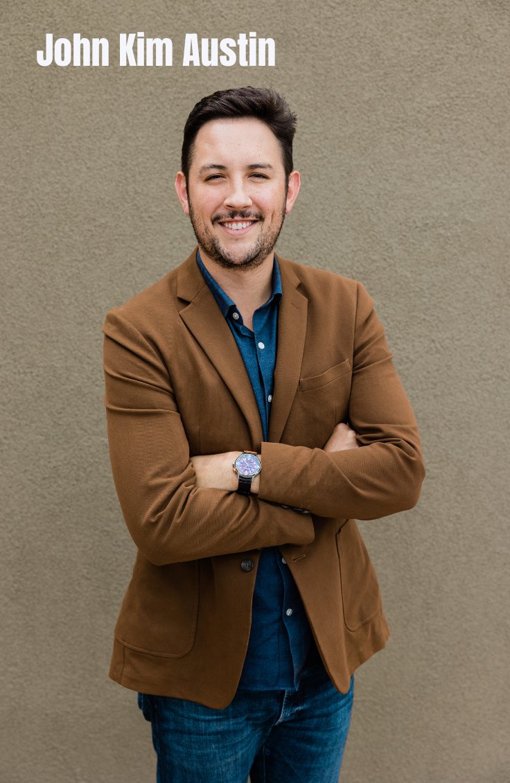 AI-generated illustration of a smiling man in a brown blazer and jeans, arms crossed, in front of a beige wall, captioned John Kim Austin