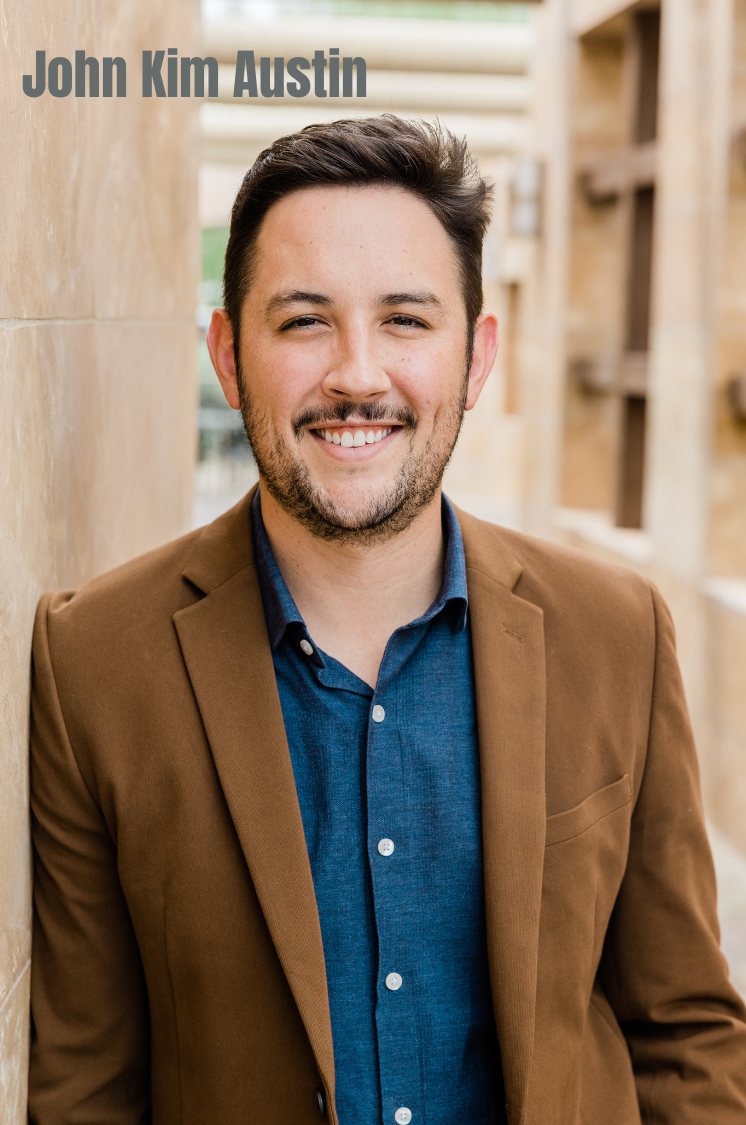 AI-generated illustration of a smiling man in a brown blazer and denim shirt in front of light wooden slats, captioned John Kim Austin