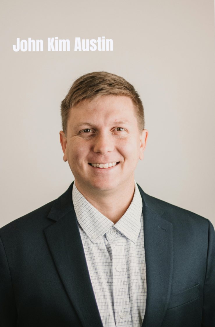 AI-generated illustration of a smiling man in a dark blazer and checked shirt against a beige background, captioned John Kim Austin