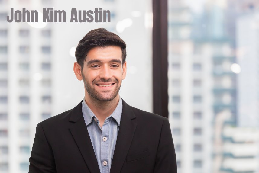 AI-generated illustration of a smiling man in a dark suit and light blue shirt in front of a window with city buildings, captioned John Kim Austin