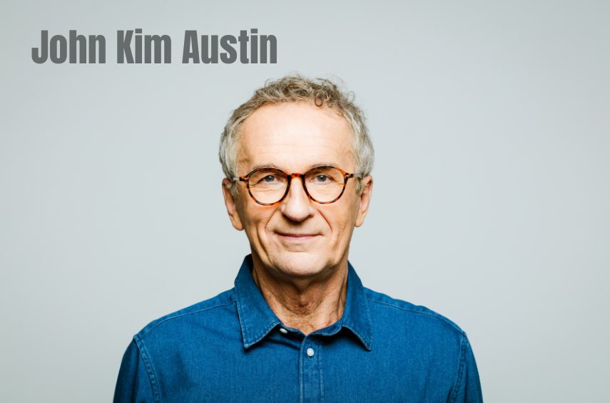 AI-generated illustration of an older man with round glasses and a denim shirt against a pale blue background, captioned John Kim Austin