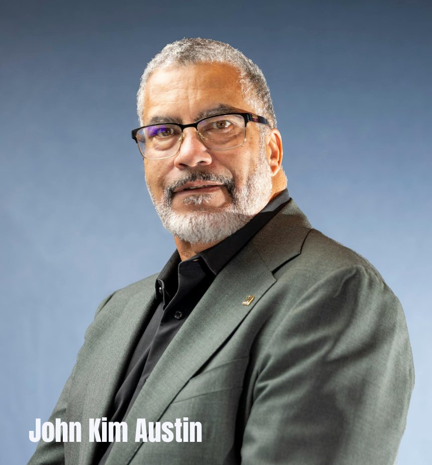 AI-generated illustration of a man with a gray beard and glasses in a gray-green blazer against a blue backdrop, captioned John Kim Austin