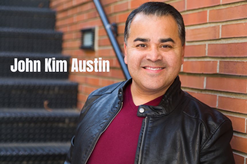 AI-generated illustration of a smiling man in a black leather jacket and maroon shirt beside a brick wall, captioned John Kim Austin