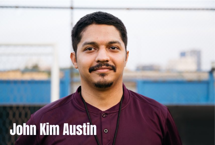 AI-generated illustration of a man with a mustache in a maroon shirt and lanyard beside an outdoor sports field, captioned John Kim Austin