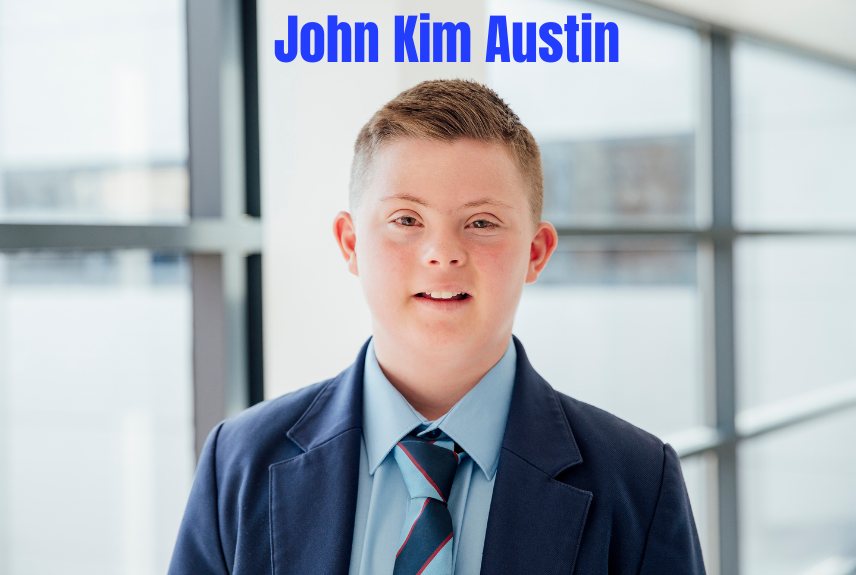 AI-generated illustration of a smiling young man in a navy blazer and striped tie beside office windows, captioned John Kim Austin