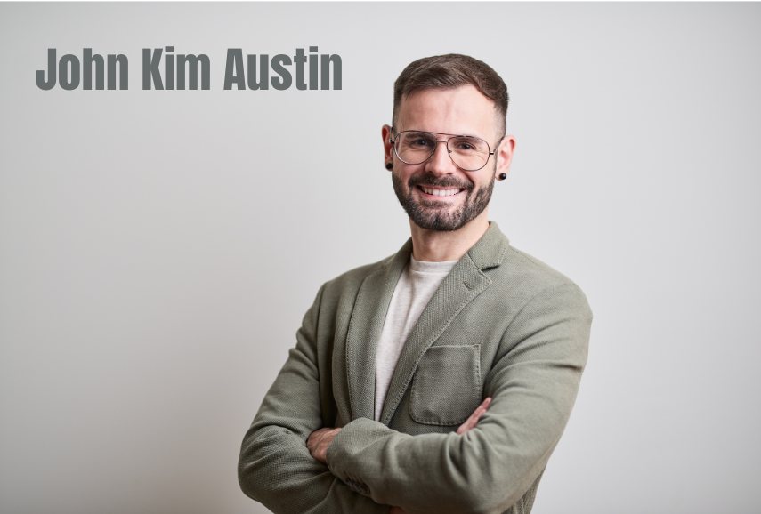 AI-generated illustration of a smiling bearded man with glasses in an olive blazer, arms crossed, captioned John Kim Austin