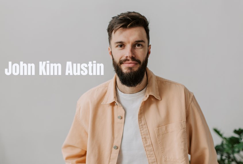 AI-generated illustration of a bearded man in a peach overshirt and white T-shirt against a light background, captioned John Kim Austin