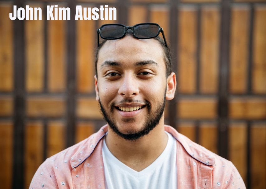 AI-generated illustration of a smiling bearded man with sunglasses on his head and a pink shirt over a white T-shirt, captioned John Kim Austin