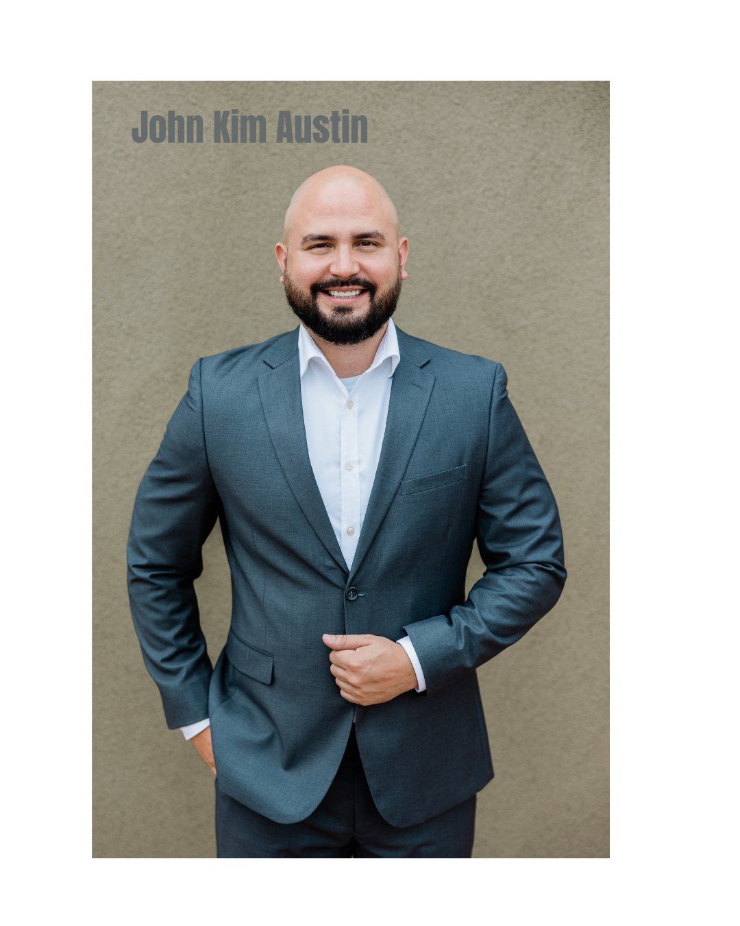 AI-generated illustration of a smiling bald man with a beard in a teal suit, standing against a beige wall, captioned John Kim Austin