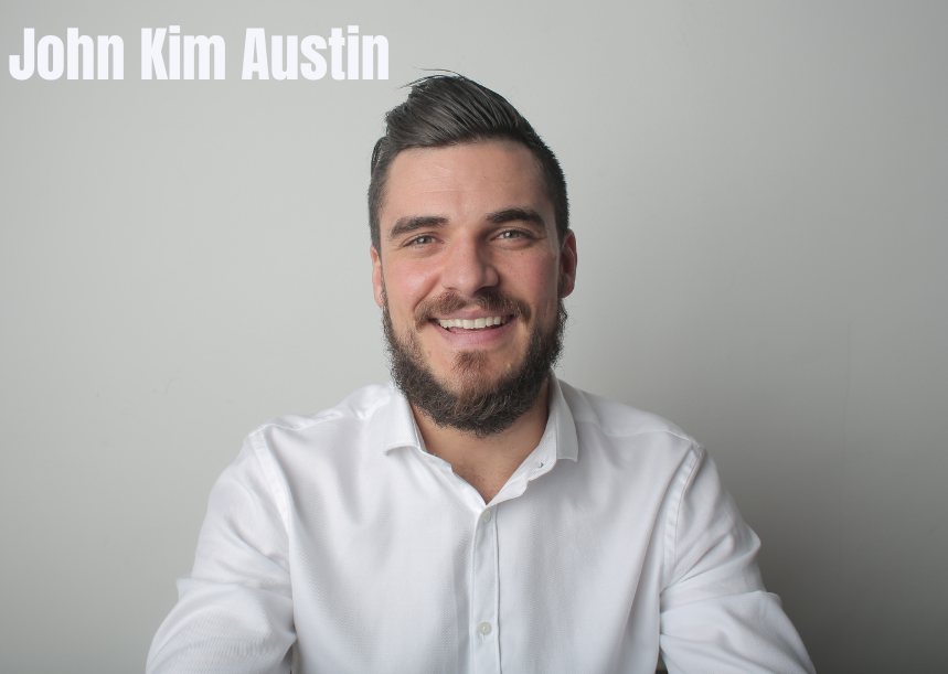 AI-generated illustration of a smiling bearded man in a white shirt against a light gray backdrop, captioned John Kim Austin