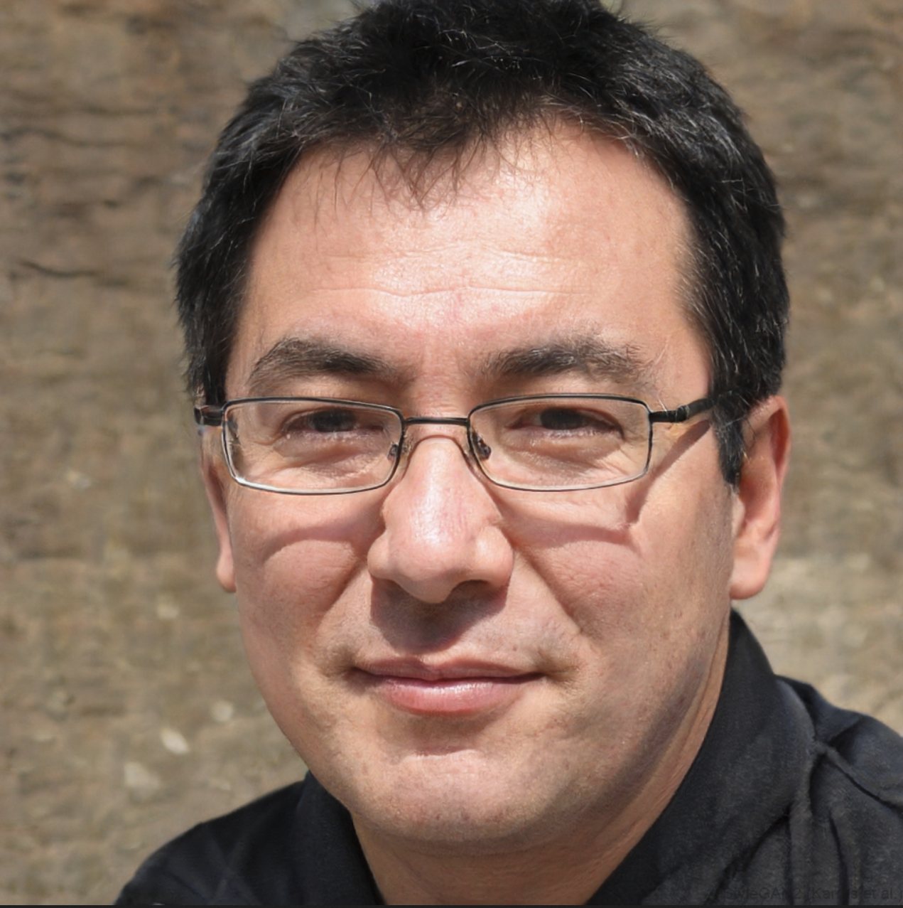 Close-up portrait of John Kim Austin in a black shirt and wire-rimmed glasses, in front of a sunlit stone wall