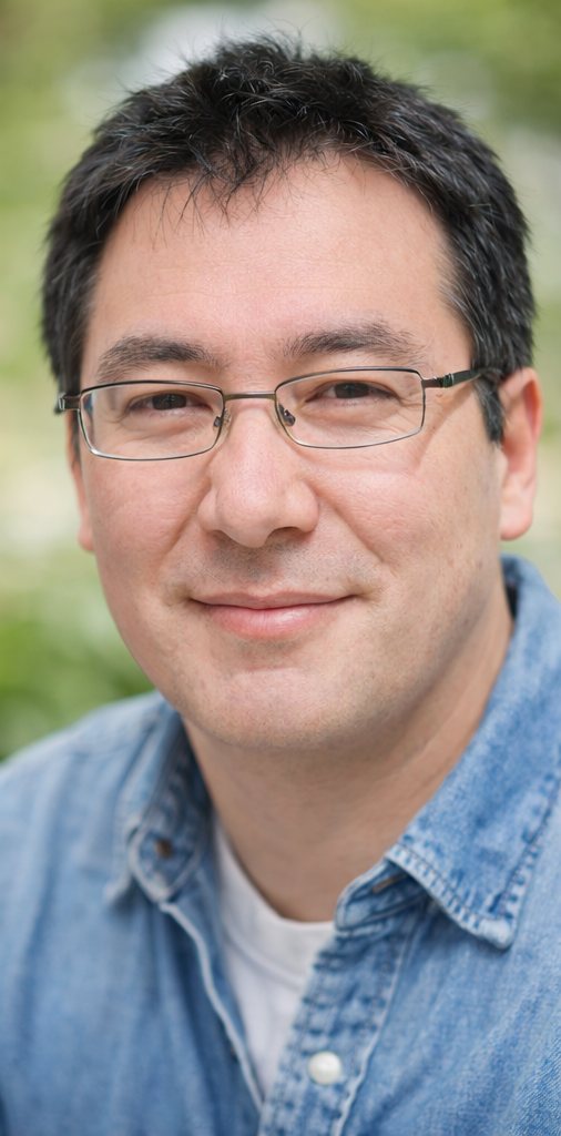 John Kim Austin in a denim shirt over a white T-shirt, photographed outdoors against green foliage