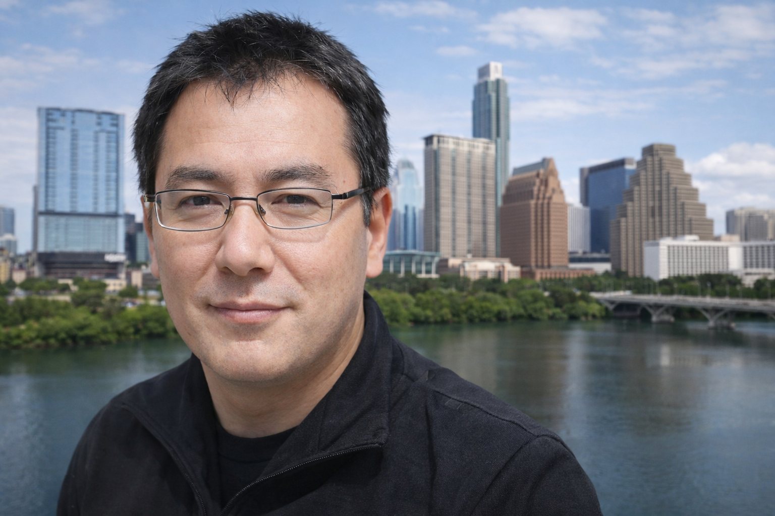 John Kim Austin in a black zip jacket beside Lady Bird Lake, with the downtown Austin skyline across the water