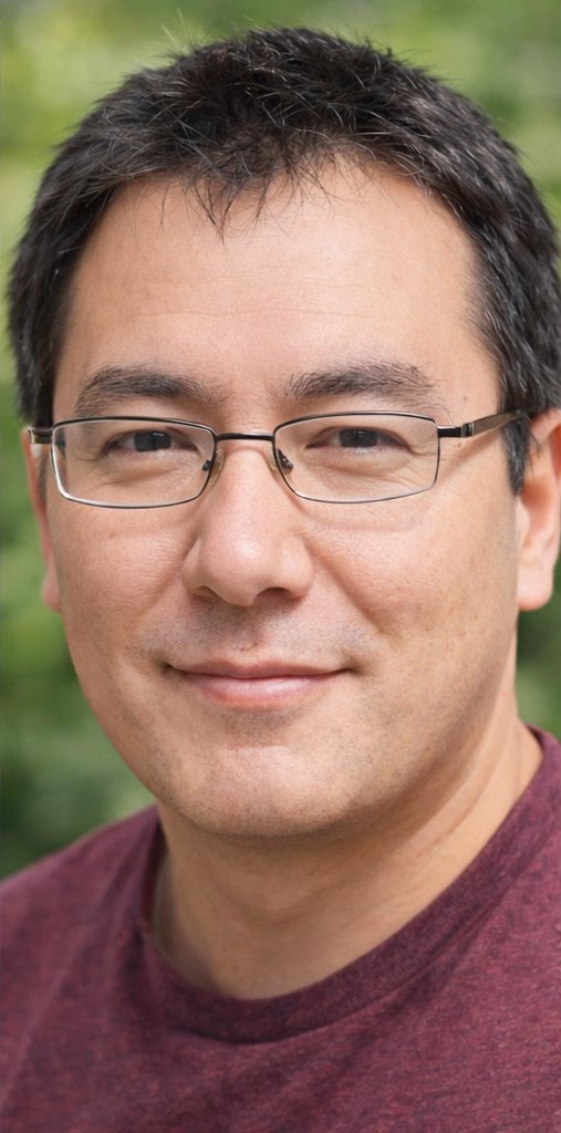 John Kim Austin in a maroon T-shirt, smiling slightly, with green trees softly blurred behind him