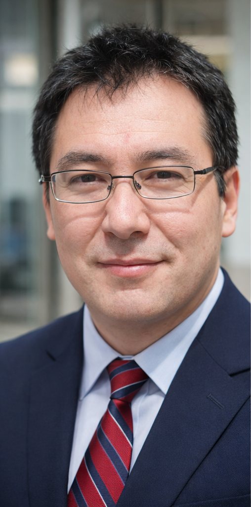 John Kim Austin in a navy suit with a red striped tie, standing in front of an office building