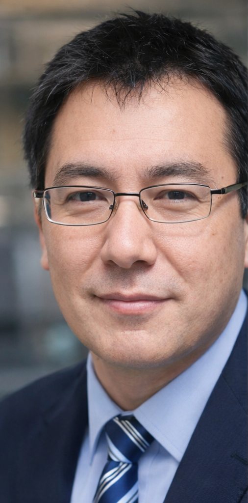 John Kim Austin in a navy suit, light blue shirt and blue-and-white striped tie, with a blurred city street behind him