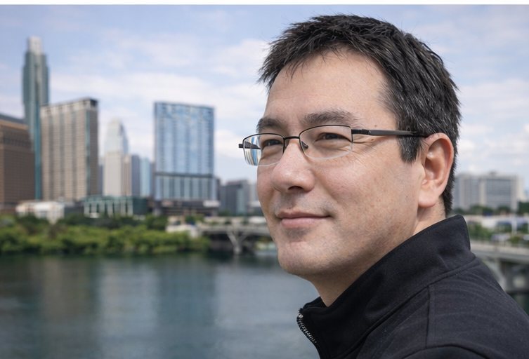 John Kim Austin in three-quarter profile, looking toward the downtown Austin skyline across Lady Bird Lake