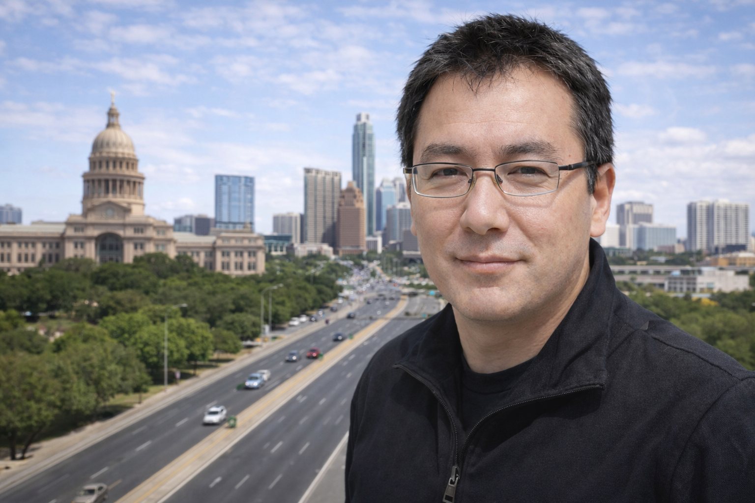 John Kim Austin in a black zip jacket, with the Texas State Capitol dome and the downtown Austin skyline in the distance behind him