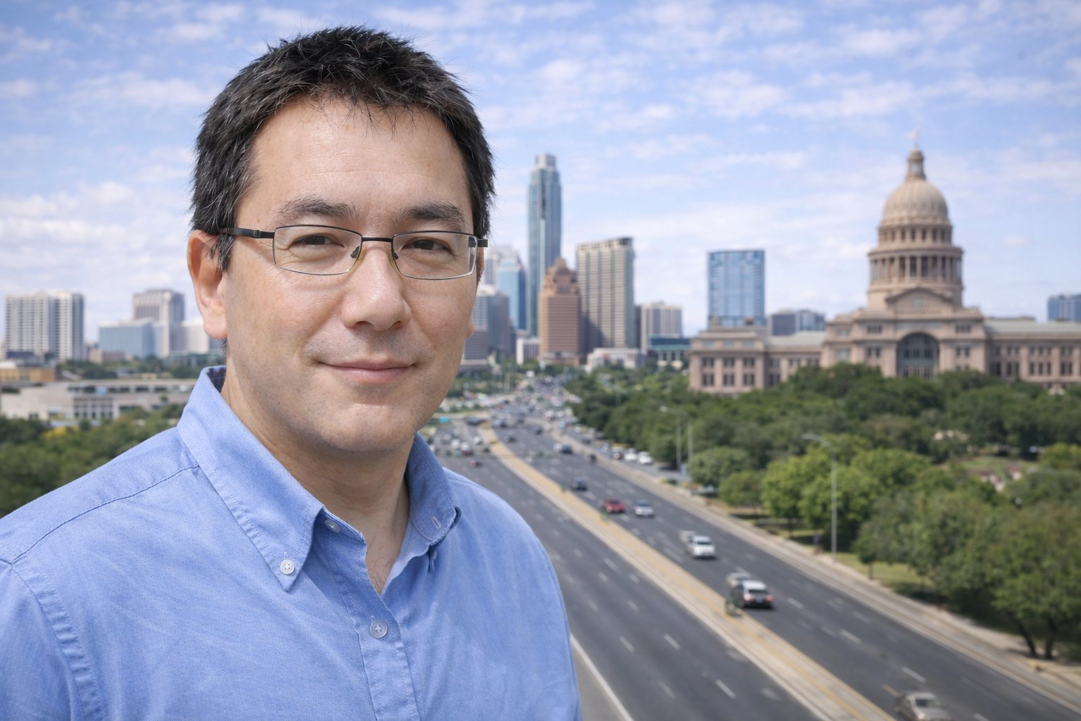 John Kim Austin in a light blue button-down shirt, with the Texas State Capitol dome and downtown towers behind him